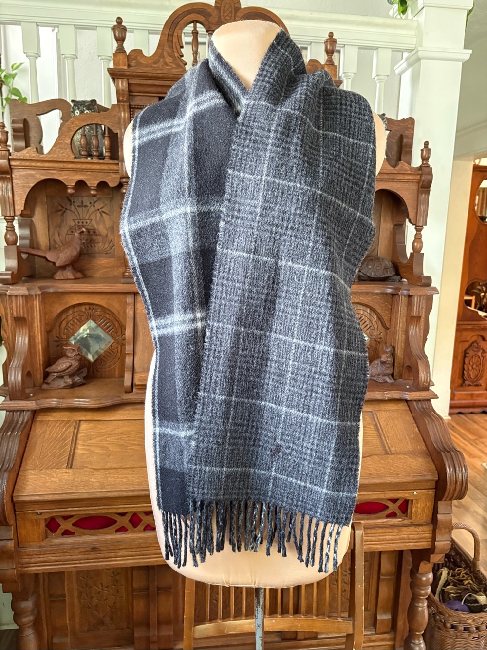 Polo Ralph Lauren Gray Wool Blend Plaid Fringe Scarf NWT